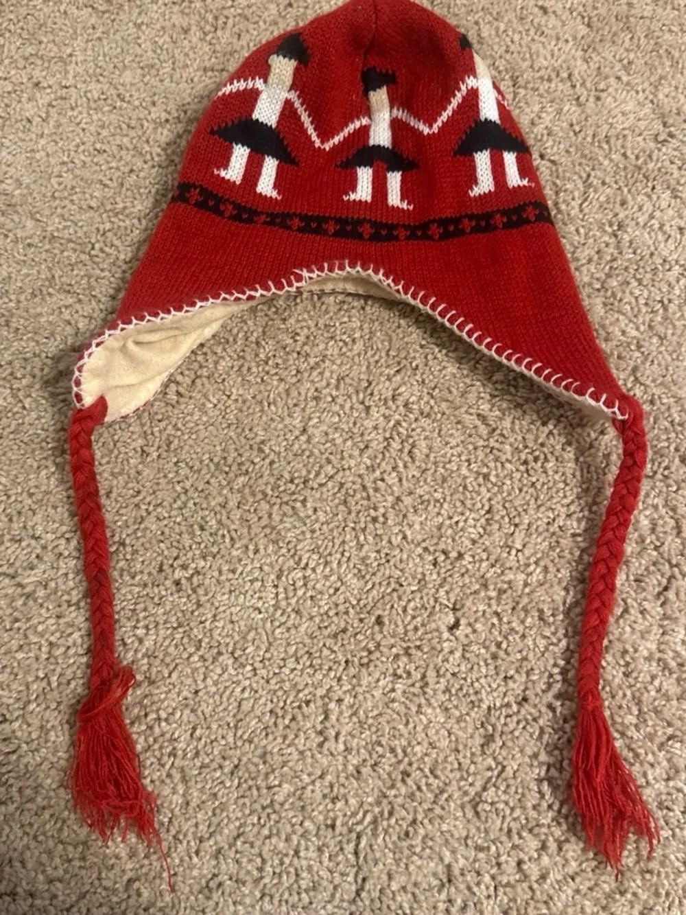 Kids Red Knit Earflap Hat with Pom Tassels